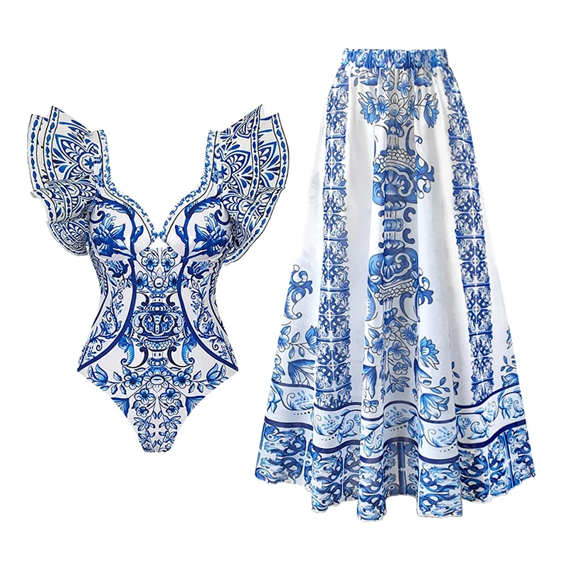 

2024 сексуальный цельный купальник, комплект бикини с оборками, бразильский женский купальник с принтом, купальный костюм с юбкой, летняя пляжная одежда для девочек, платье