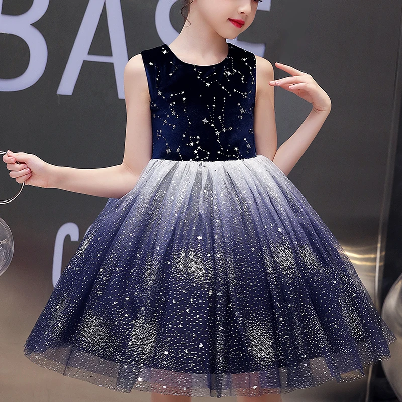 

Kids Flower Girls Dress Starry Sky Pattern Casual Princess Summer Mesh Party Formal Children Tutu Sweet Dress