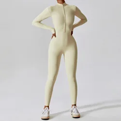 Women's Enhanced Fitness Jumpsuit - Zippered Elastic One - Piece Bodysuit - M (Oatmeal apricot)