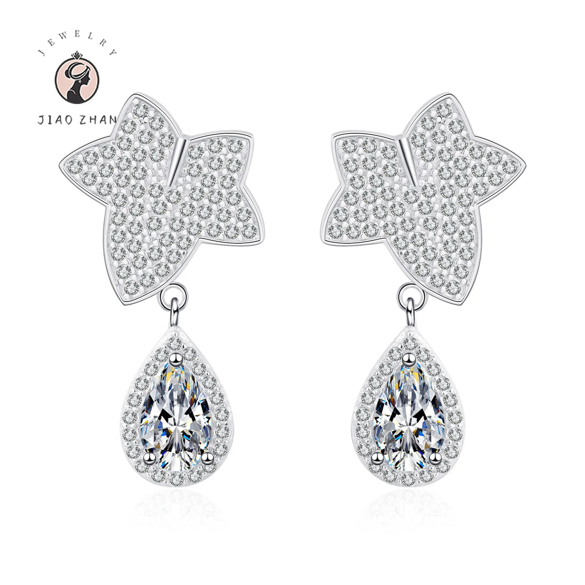 JIAOZHAN S925 Sterling Silver Earrings Maple Leaf Drops Shaped Moissanite Earrings Pt950 Gold-Plated Girls Light Luxury Earrings