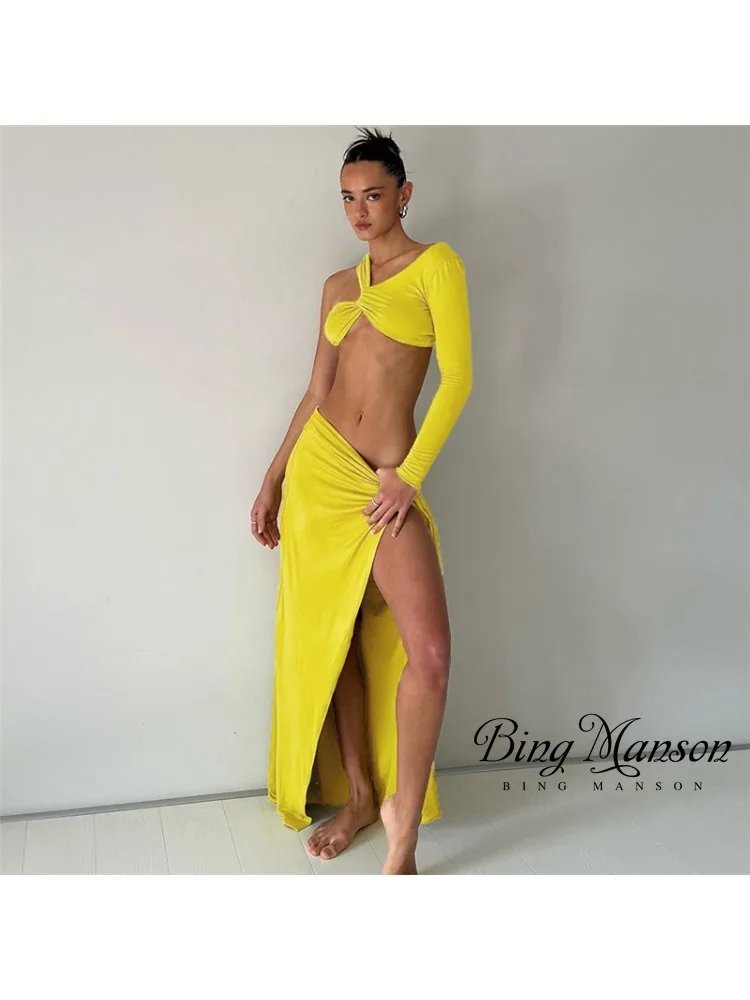 

Autumn New Women's Fashion One Shoulder Sexy Irregular Short Open Navel T-shirt Slim Fit Split Half Dress Dress Set for Women