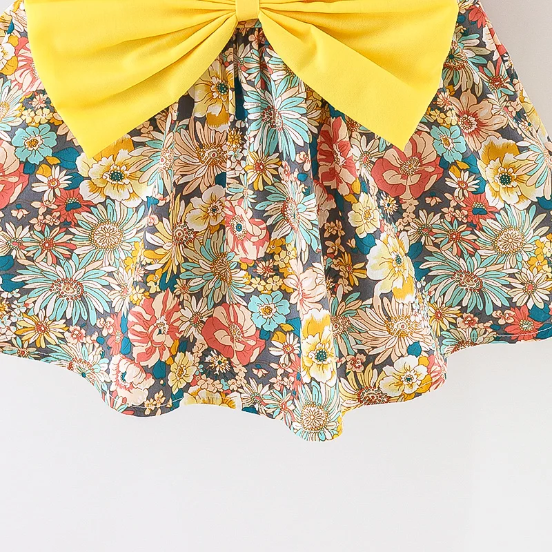 Description Picture 6 of item2/piece set of girl dresses and hats summer girl big bow various flower prints suspender princess dresses