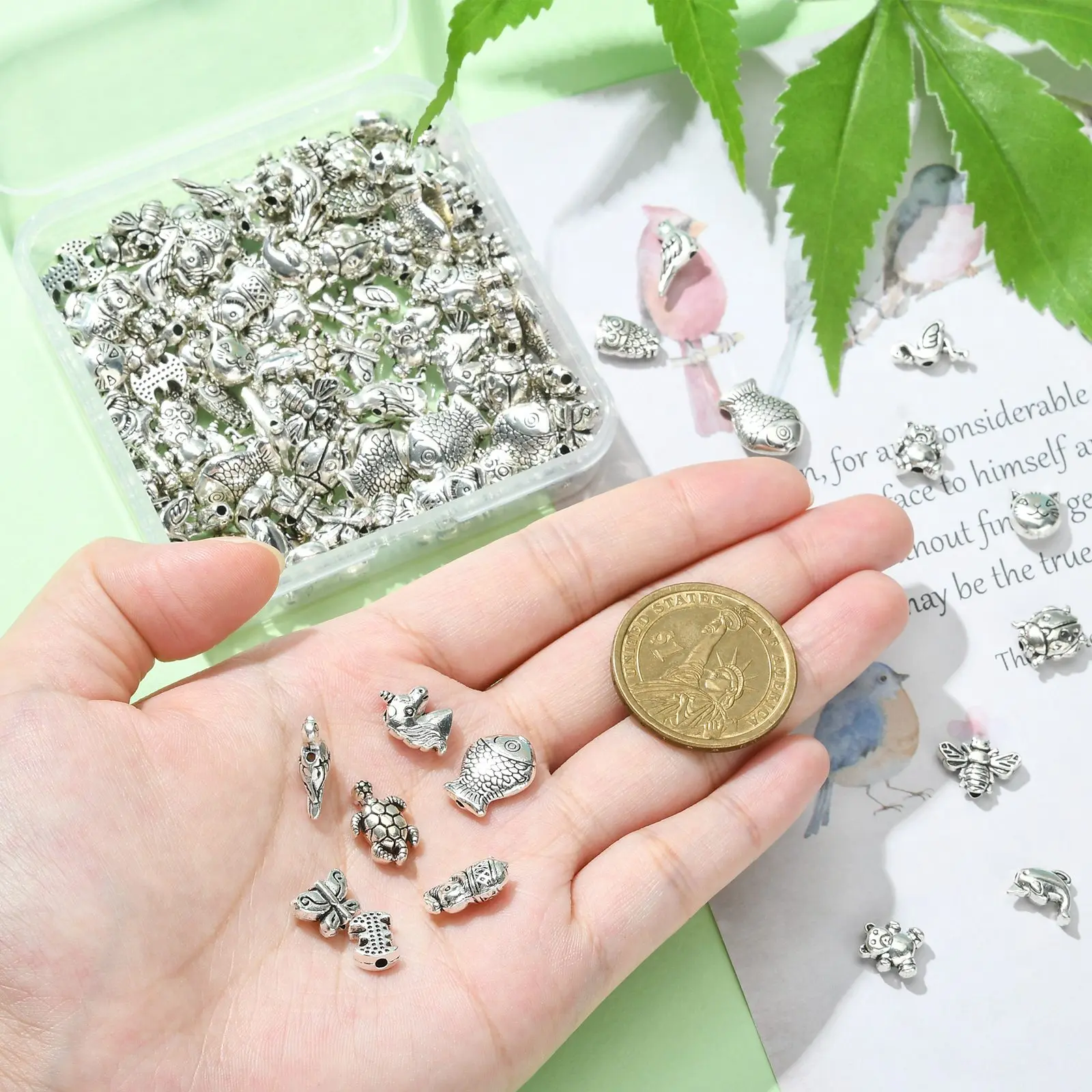 150Pcs Mixed Styles Antique Silver Animal Spacer Beads Tibetan Style Bear Owl Cat Fish Beads for Bracelet Jewelry Craft Making