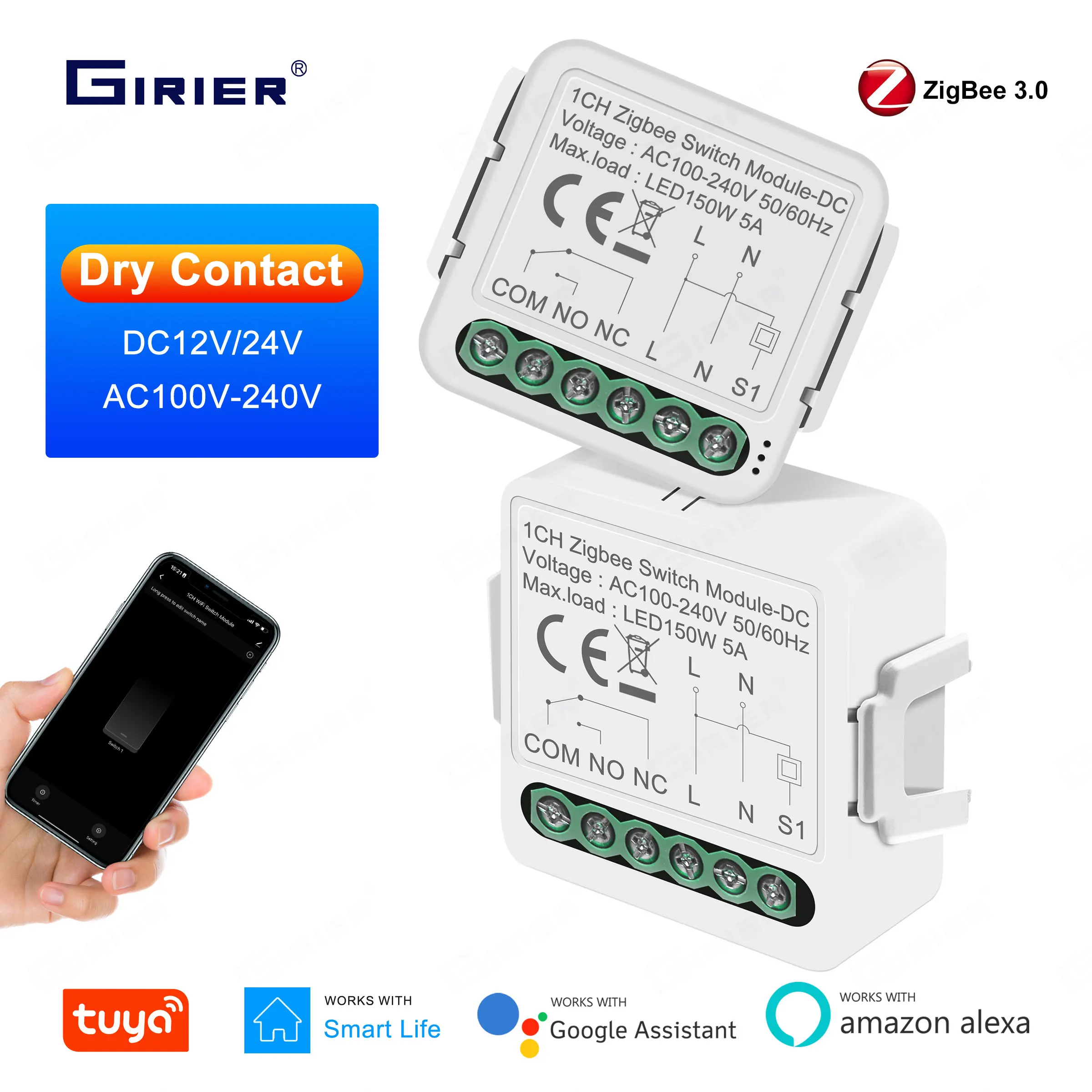 GIRIER Smart ZigBee Switch Module Dry Contact 5A Tuya DIY