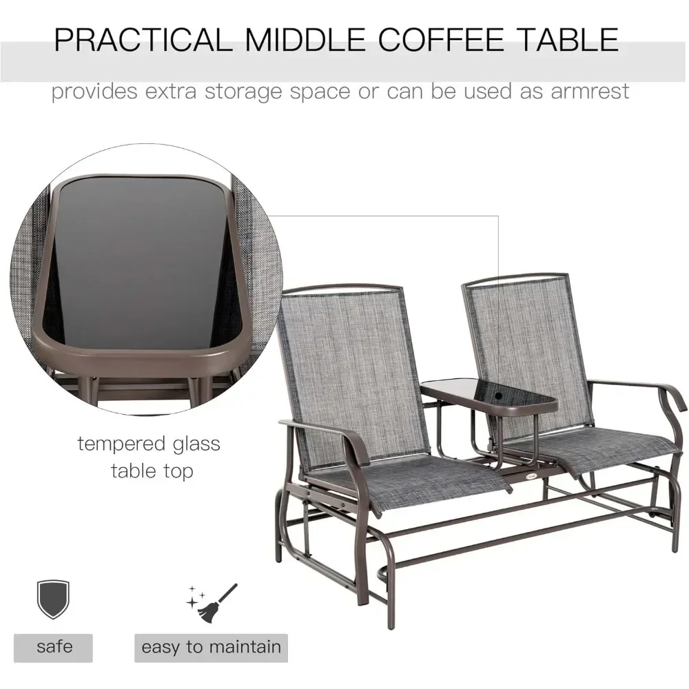 Outdoor Glider Loveseat with Table – Mesh Fabric & Armrests 3