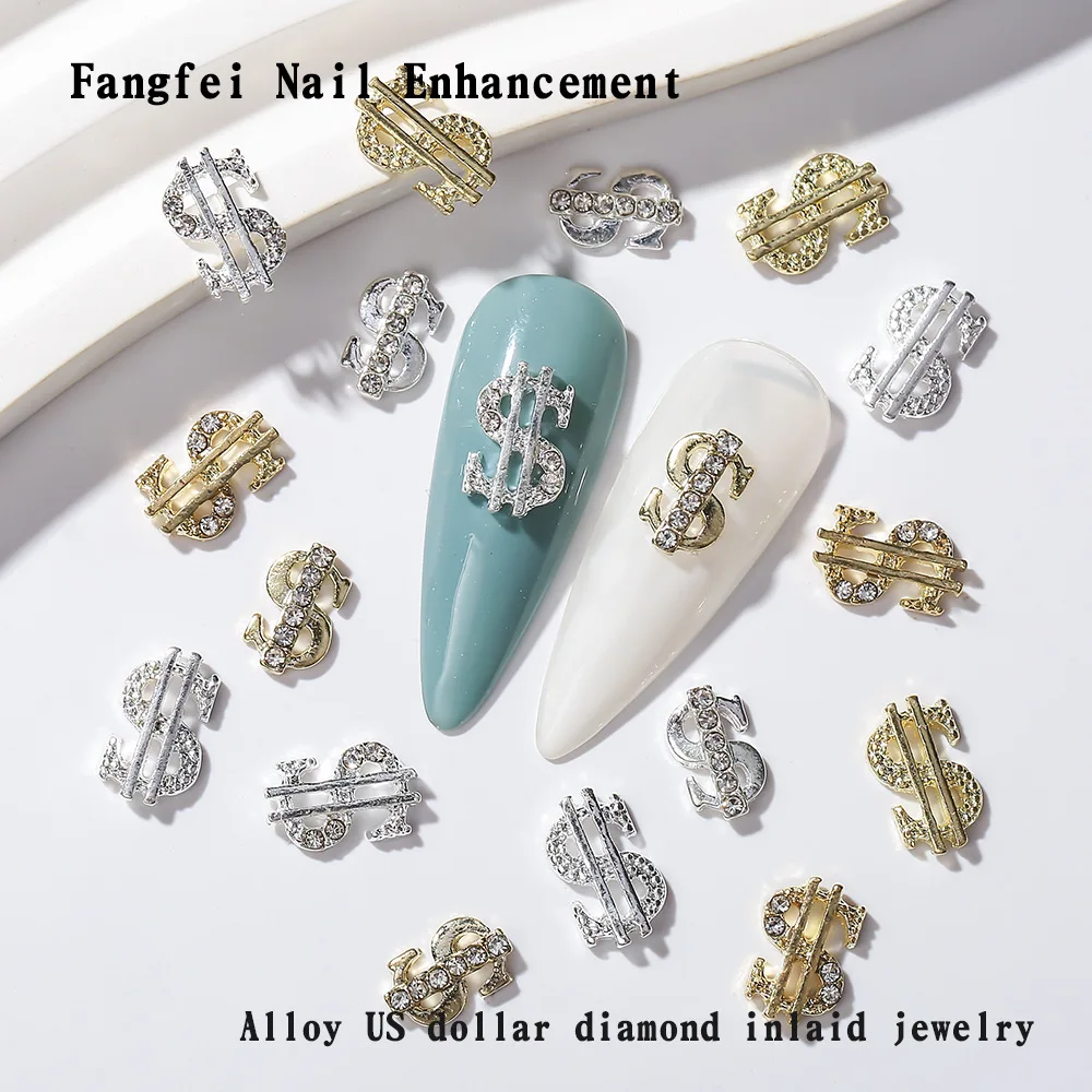 

5PCS Dollar Sign Money Nail Charms Zircon Gold Silver Nail Rhinestones Stones Gems 3D Diamond Manicure Decoration Accessories
