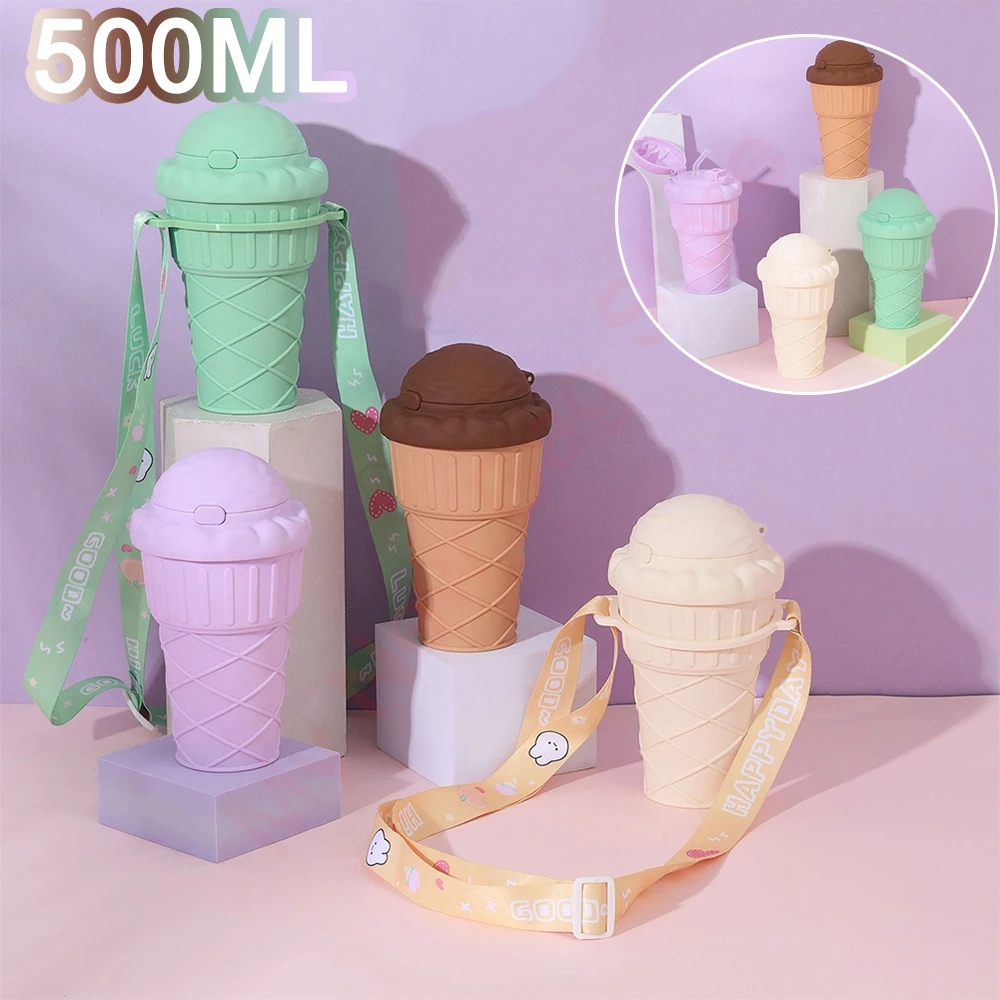 500Ml Drinking Cup With Straw Ice Mold Drinking Water Bottle Leak-Proof Cute Water Bottles With Adjustable Strap