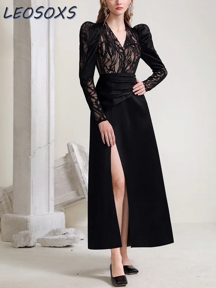 

2023 New Elegant Black Dress Banquet Women's Sexy Slit V-neck Long Sleeve Vestdios Elegant Lace Maix Dress Office Ladies Dresses