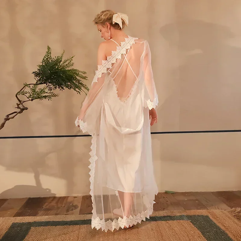 Summer Mesh Lace Night Dress Transparent Sunscreen Cover Up Sheer Sensual Cardigan Robes Nightwear Women Long Sleeve Pajamas
