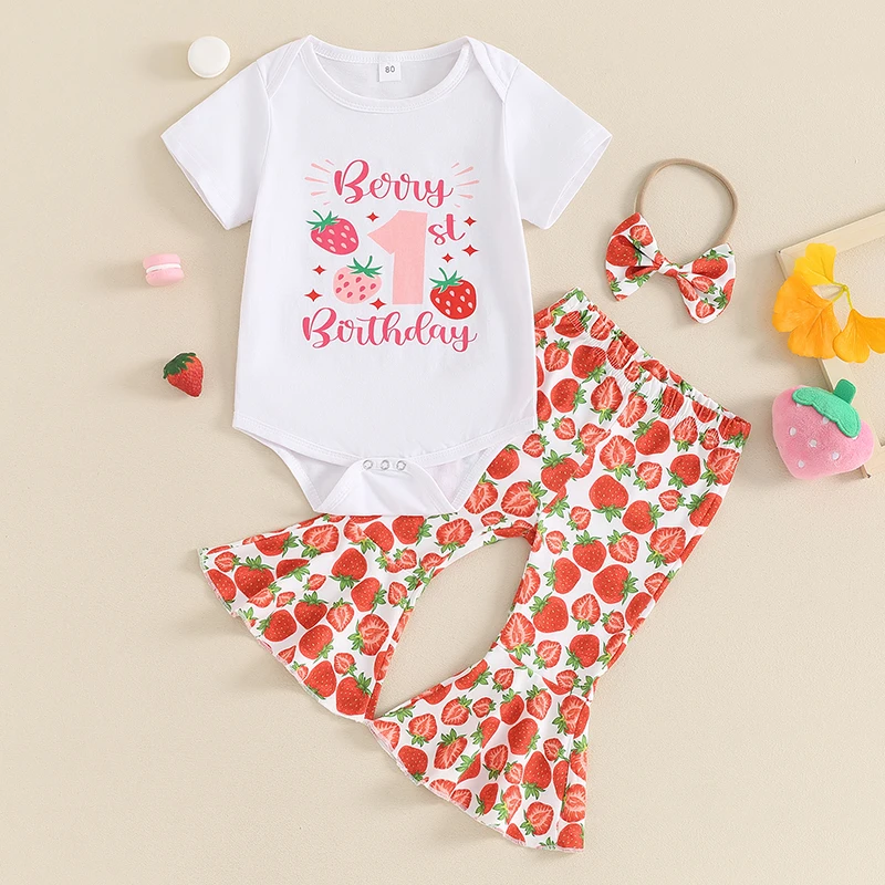 

Baby Girls Birthday Outfit Sets Short Sleeve Letter Print Romper Tops Strawberry Print Flared Pants Headband Sets