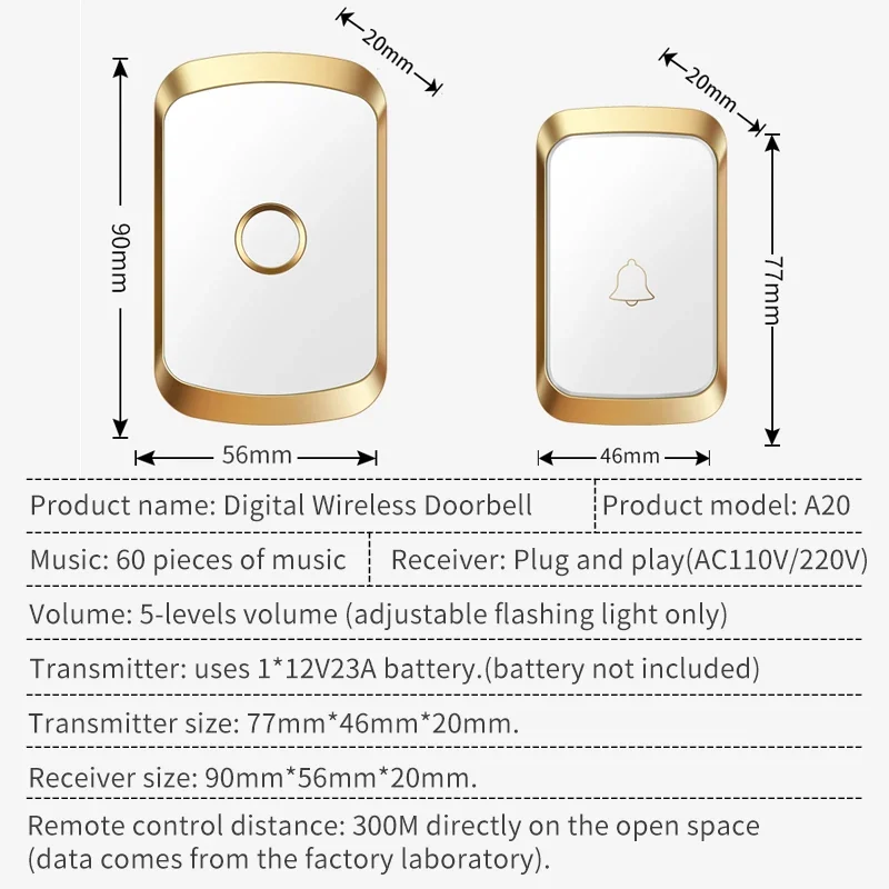 CACAZI Smart Home Waterproof Wireless Doorbell Sets Calling Bell 300M Remote Battery Button 60 Chimes 5 Volume US EU UK AU Plug