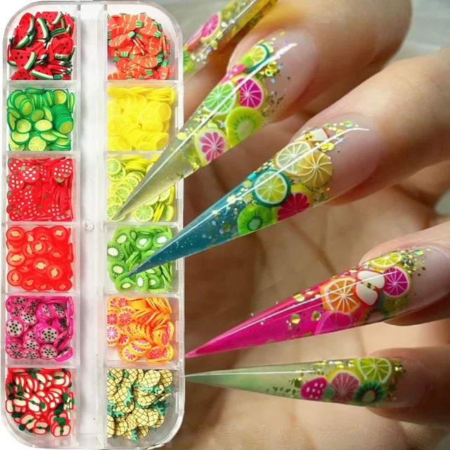 12Grid Cute Fruit Slice Nail Art Glitter,3D Colorful Flakes Polymer Clay  DIY Decorations,Star Moon Sequins Manicure Nails Charms - AliExpress