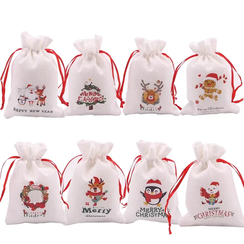 

4Pcs/Lot Christmas White Jute Bags 10x14 13x18cm Drawstring Gift Bag Xmas Storage Pouches Candy Bracelets Jewelry Packaging Bags