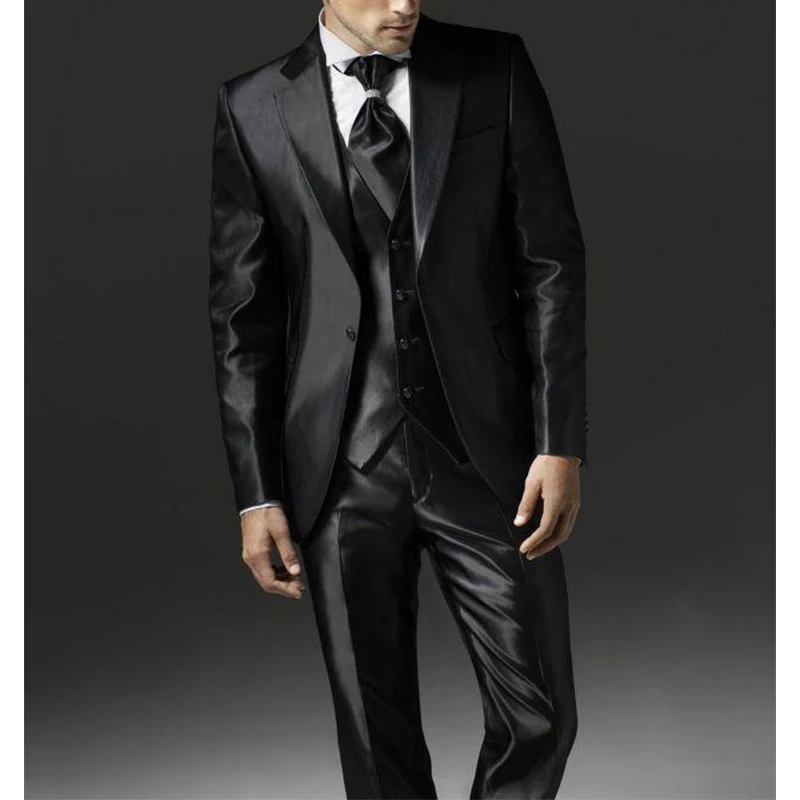 

2023 New Style Black Two Bottom Satin Beach Men Suit Men's Wedding Prom Suits 3 Pieces(Jacket+Pant+Vest)Traje De Novio Para Boda