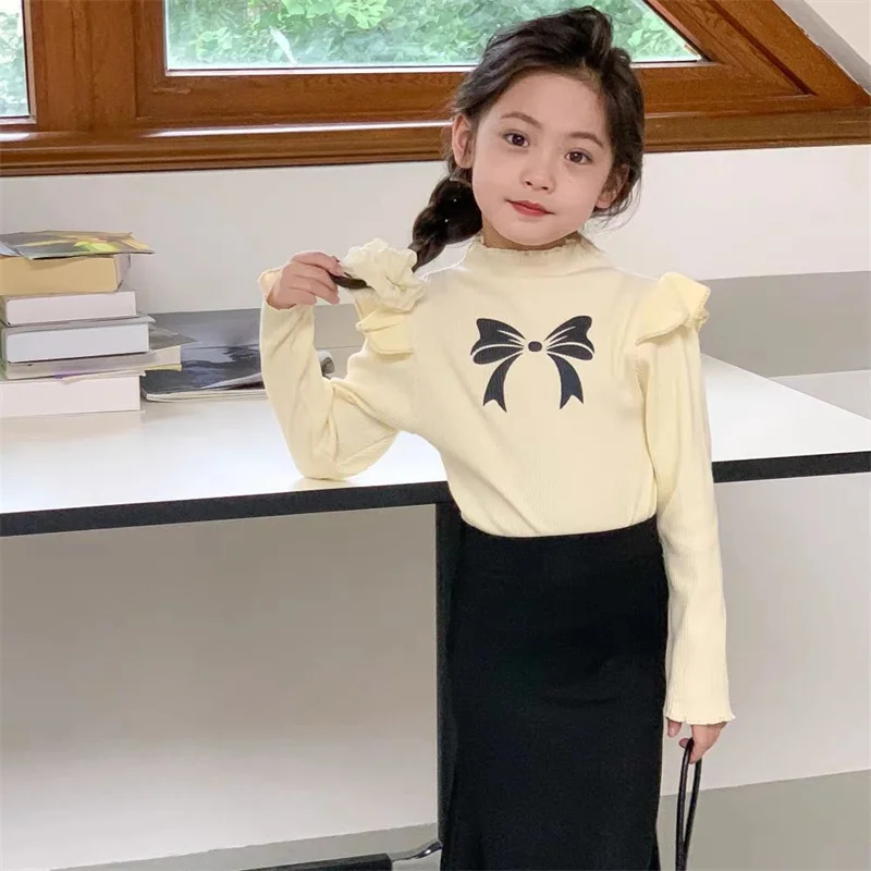 2Pcs Kinder Frühling Kleidung Mädchen Lange Ärmeln Bodenbildung Shirt Baby Bogen Druck Bluse Herbst Neue Mode Tops Kinder Süße t-Shirt – Detail 15