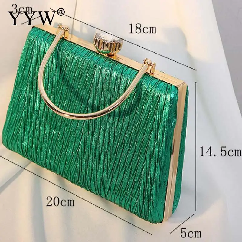 Fashion Solid Color Pleated Women Evening Handbag Metal Handle Rhinestone Clutch Bag Lady Crossbody Shoulder Messenger Purse