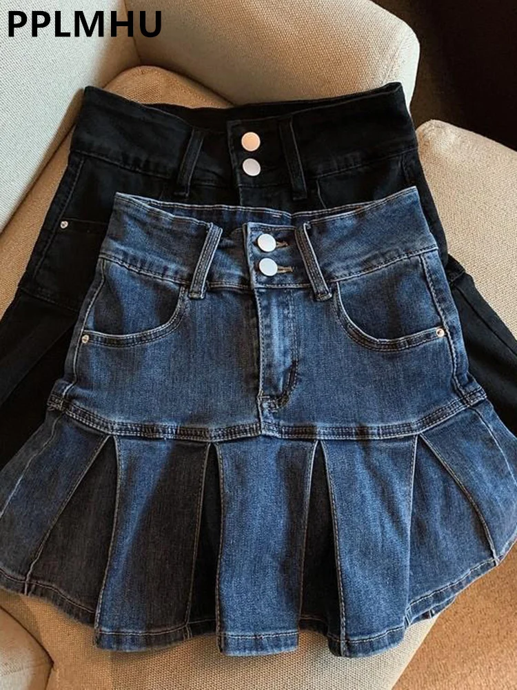 

Y2k Streetwear Sexy Mini Denim Pleated Skirt Women's High Waist Vintage Blue Preppy Style Uniforms Safety Short Jean Skirts New