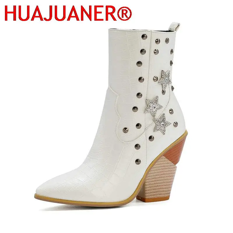 

Fashion Stone Print Zipper Ankle Boots Women Wedges High Heels Western Boots Pointed Toe Crystal Autumn Winter Woman Shoes