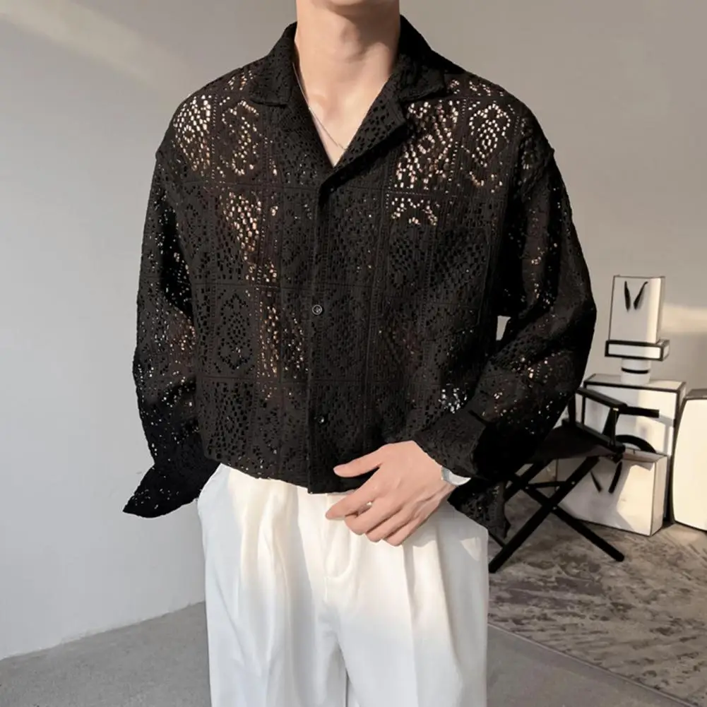 

Loose Fit Lapel Shirt Men's Retro Hollow Out Long Sleeve Shirt with Turn-down Collar Chest Pocket Streetwear Club for Party