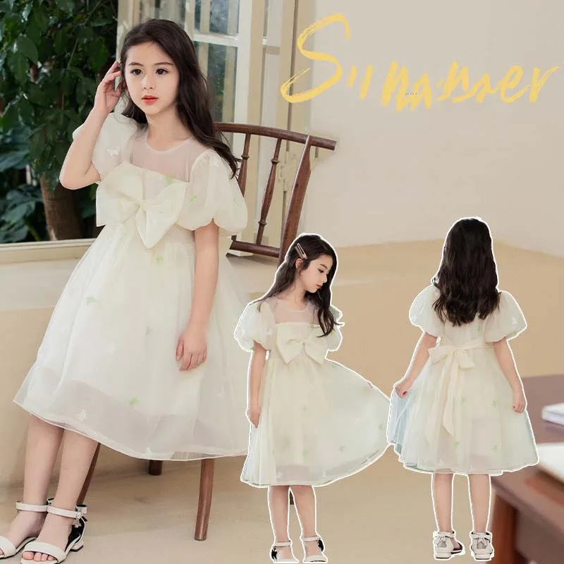 

JUCPKID 2024 Korean Summer Children Girl Prom Dress Teenager Girl Lace Gauze Bowknot Princess Dress School Girl Fluffy Dress