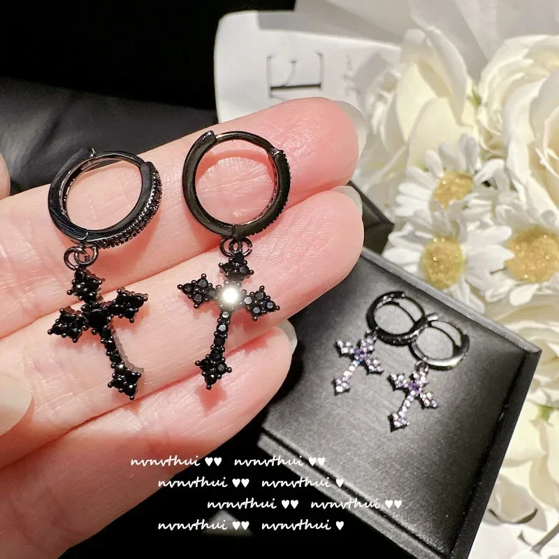 Goth Style Zircon Crystal Cross Drop Dangle Hoop Earrings for Women Men Luxury Fashion Punk Jewelry
