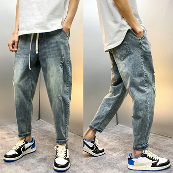Jeans Harem larghi da uomo vintage Jeans strappati con foro a nove punte stile estivo giovanile Scena casual Tendenza alla moda 1