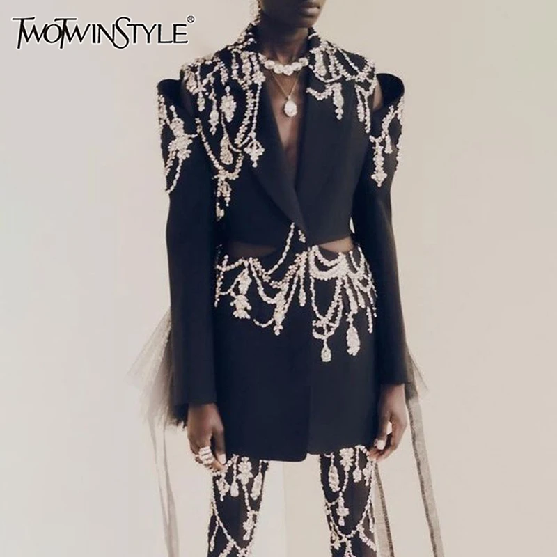 TWOTWINSTYLE Solid Two Piece Sets for Women Notched Neck Long Sleeve Spliced Sequins Blazer High Waist Wide Leg Pants Set Female