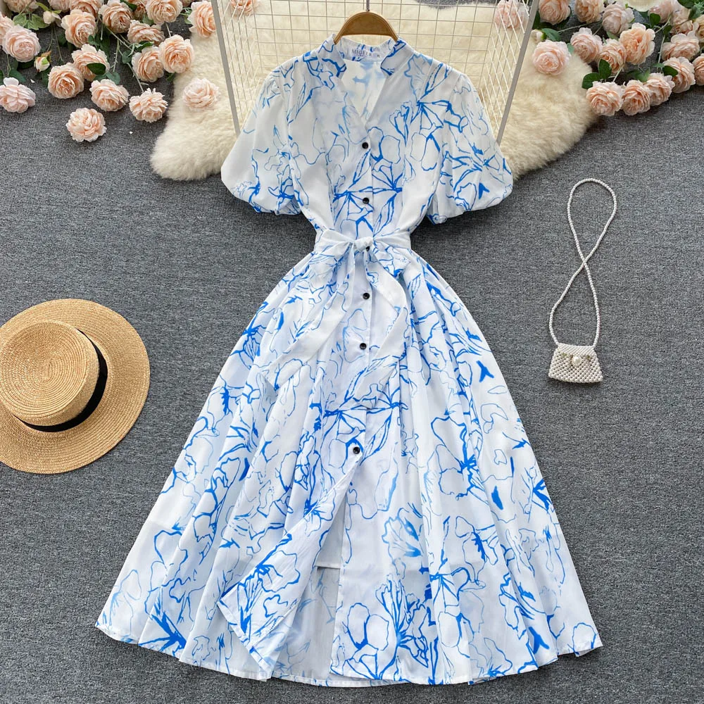 

2022 Summer New Ink Printing Short-sleeved Mid-length Slim V-neck Single-breasted Large Swing Dress