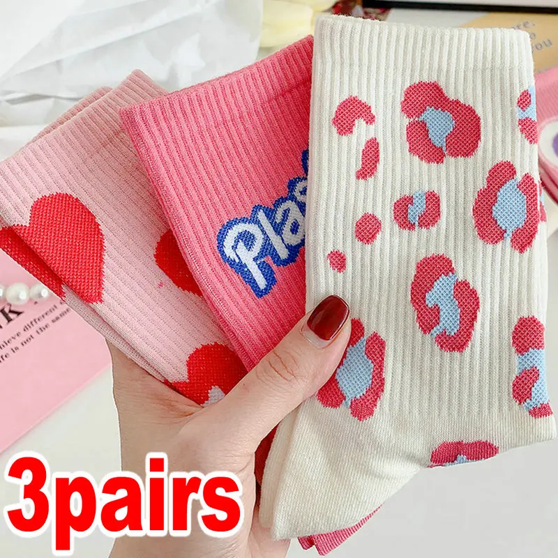 

1/3pairs Pink Heart Strawberry Socks Casual Fashion Letter Harajuku Streetwear Korean Woman Middle Tube Socks Girls Cute Sox