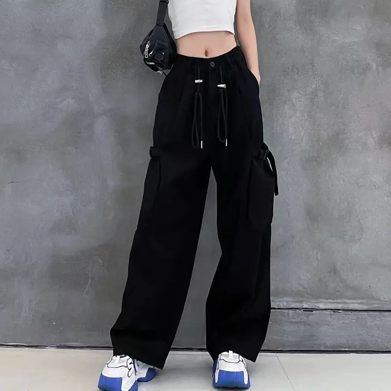100% Cotton Bandage Patchwork Button High Waist Wide Leg Trousers Spring Autumn Korean Solid Pockets Womens Sweatpants Trend