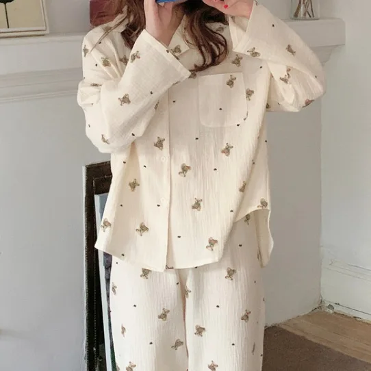 

Осенняя хлопковая пряжа с мультяшным медведем, свободная Пижама, костюм, домашняя одежда для девочек, милая Студенческая Пижама для женщин