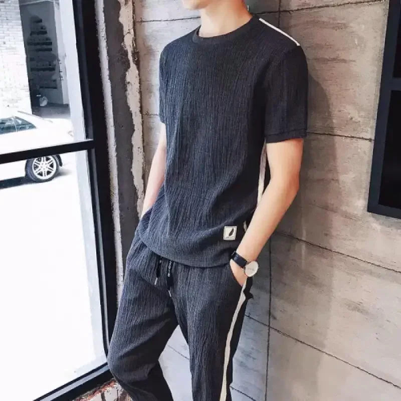 thumbnail image 1 of Conjuntos de camiseta y pantalones para hombre, sudaderas, chándal liso, conjunto de pantalones para hombre, chándal de oferta, camiseta elástica informal de primera calidad, barata y elegante, 1 of 5