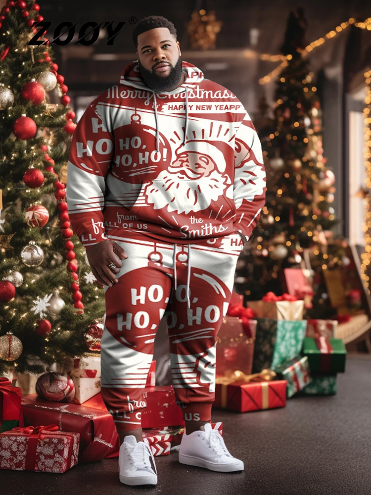 

ZOOY（L-9XL）Men's Plus Size Casual Christmas Snowman Bow Bells Snowflake Elk Hoodie Sweatpants Set