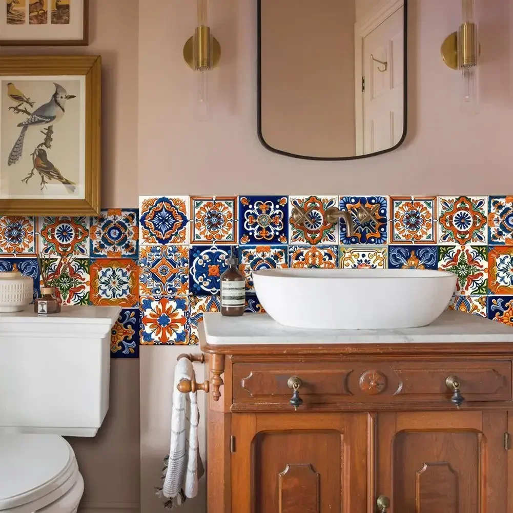 24pcs Morocco Style Colorful Retro Tiles Wall Sticker Kitchen Bathroom Tile Waist Line Wallpaper PVC Waterproof Art Mural