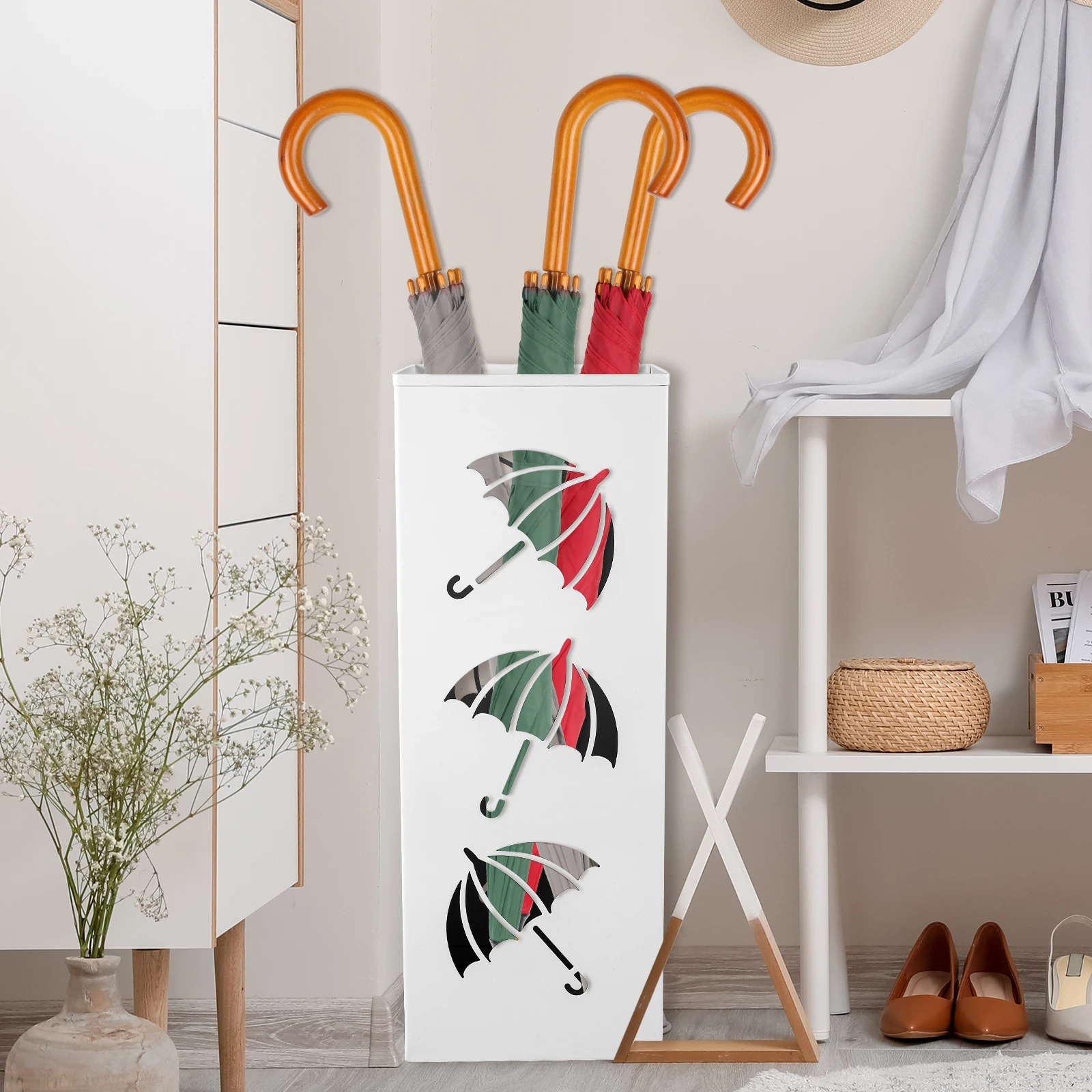 Metal Umbrella Holder Square Umbrella Stand Rack Decorative Holder Bin Multipurpose Walking Sticks for Entryway