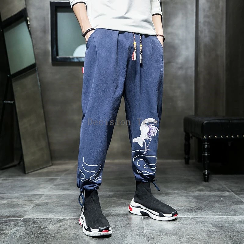 new chinese style men wushu tang suit pants summer loose straight leg pants antique printing leisure cotton linen trousers