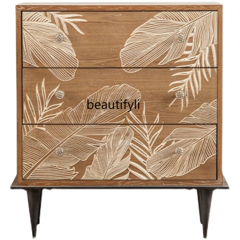 

American-Style Solid Wood Chest of Drawers Vintage Engraving Hallway Curio Cabinet Living Room Bedroom Side Storage Cabinet