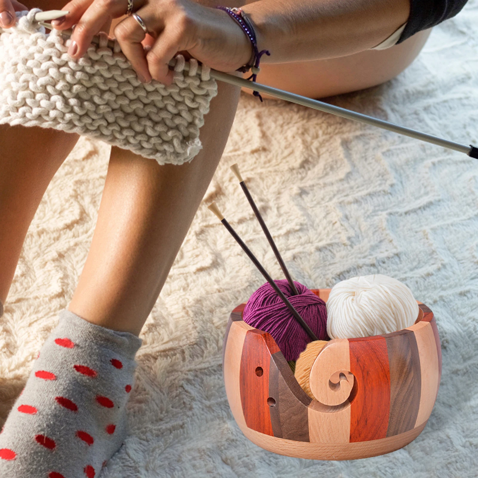 QJH Wooden Yarn Bowl Knitting Yarn Bowls with Holes Crochet Bowl Holder  Handmade Yarn Storage Bowl for DIY Knitting Crocheting