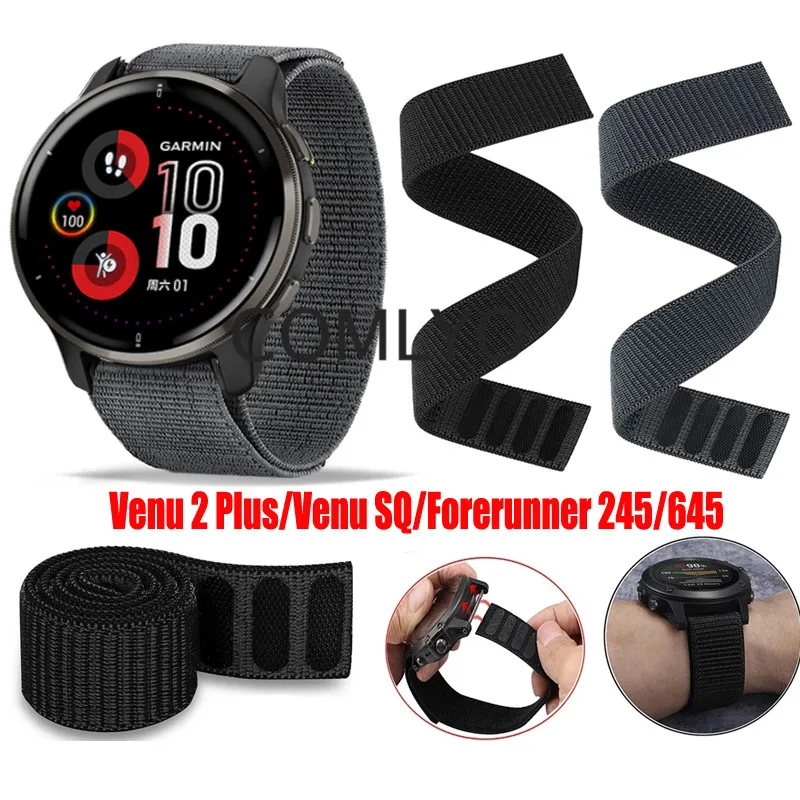 

20MM Watchband for Garmin Venu 2 Plus Venu SQ Forerunner 245M 245 645 158 Vivoactive 3 Watch Band Strap Hook&Look Nylon Bracelet