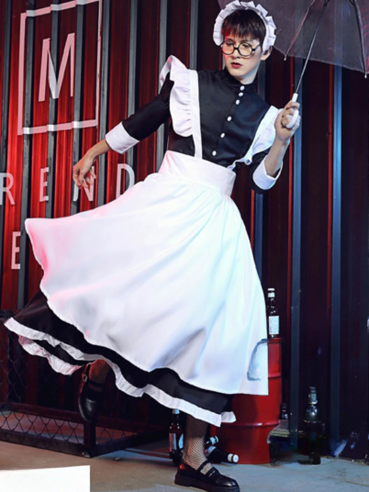 Unisex Maid Outfit Lolita Cosplay Cute Sexy Erotic Kawaii Cafe Costume Black White Men Uniform Apron Dress Cute Bowknot Mucama lolita dress lolita suspender dress lolita cosplay costumes suspender dress