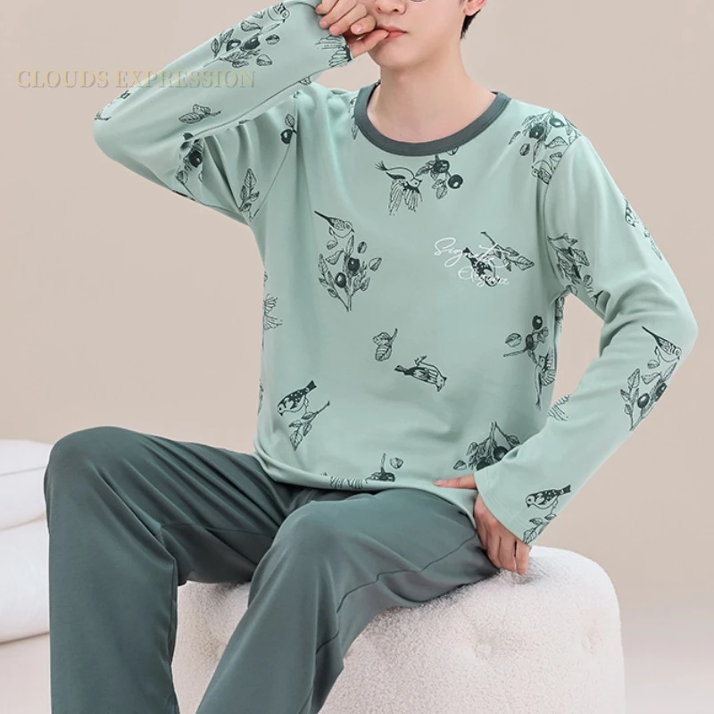 Pajamas Set Men Spring Autumn Big 5XL Knitted Sleepwear Clouds Printting Pajamas Sets