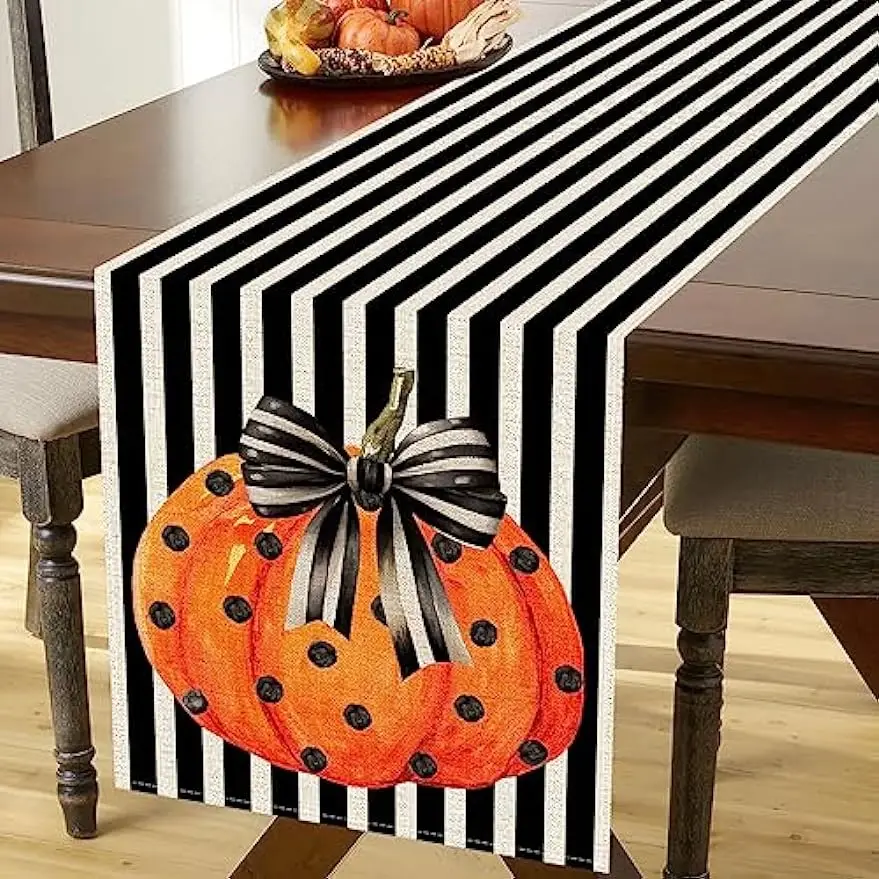 

Black Striped Halloween Table Runner, Orange Polka Dot Pumpkin Kitchen Dining Room Coffee Table Decoration Table Runner Reusable