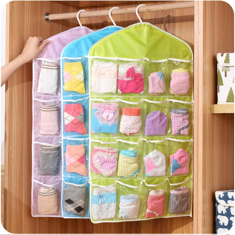 Hanging Storage Organizer 16 Pockets Wardrobe Pocket Clear Hanging Bag Underwear Sock Hanger Space Saving Neat