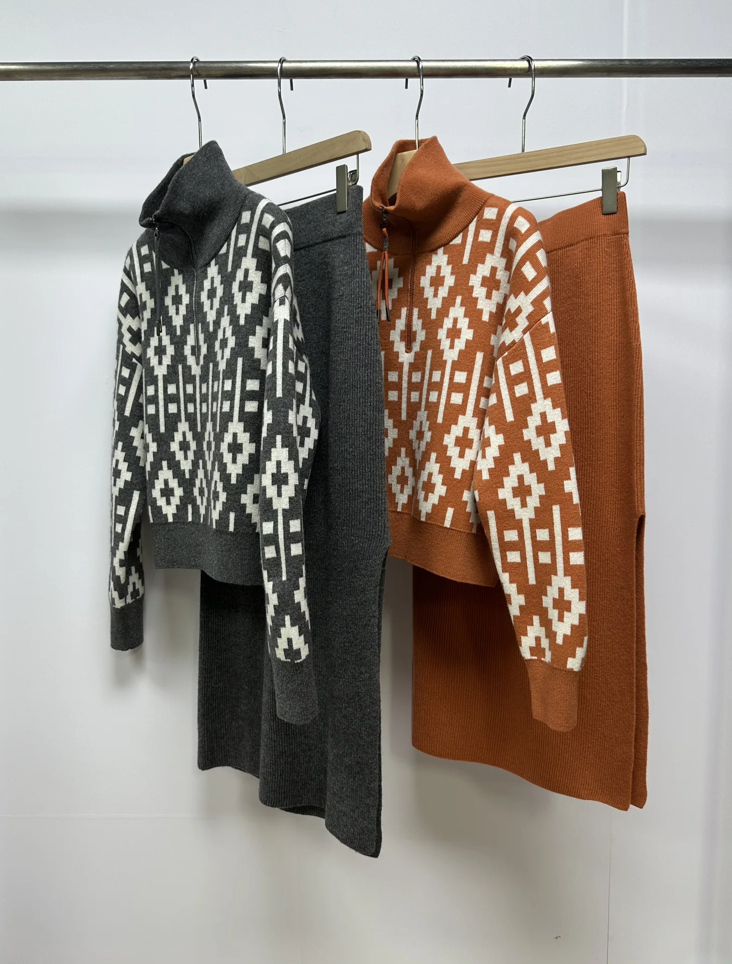 

B*C Winter New Women'S Geometric Cashmere Knit Sweater Wool Bustier Two-Piece Wool Sweater Loose Zipper Sweater