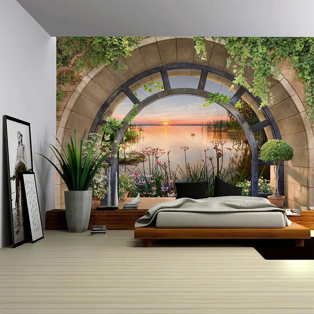 Bow Shaped Door Garden Landscape Tapestry Wall Art Large Mural Decoration Curtains Home Bedroom Living Room Decoration tapestry decor