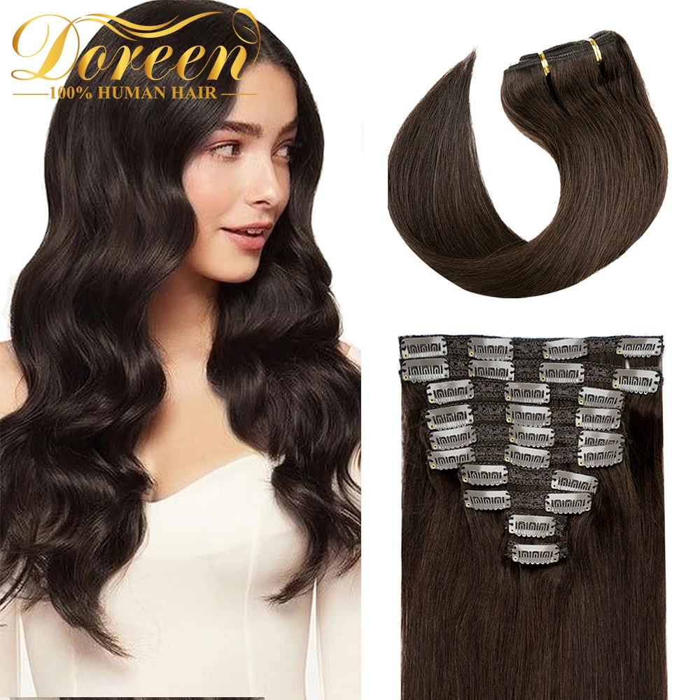 

Doreen Asia Hair Clip ins 100% Human Hair Clip in Hair Extensions Real Natural Hair Clips Sewed on Weft Dark Brown 110G to 200G
