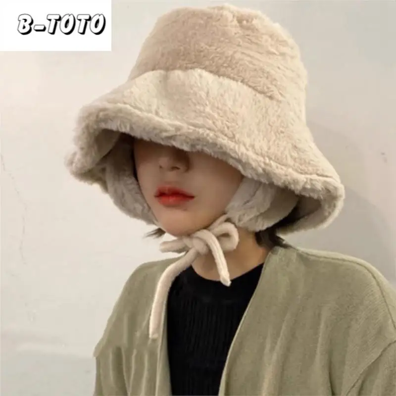 

B-TOTO New Ear Proection Fisherman Hat Female Autumn and Winter Solid Colour Warm Hat Fisherman Hat Pot Hat Hundred and One