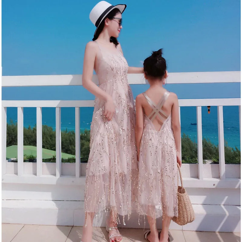 

Summer girls clothing Sleeveless Maxi Dress Boho Floral Printed Beach Sundress Ladies Casual Long Party Parent-child Dresses