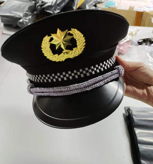 

1 piece Army Officer Visor Security Guard men women Badge Police Hat Black Captain Flat Top Stage Performance Military Cap