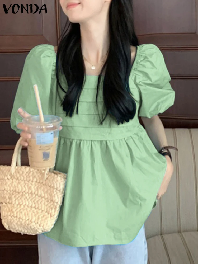 

2023 VONDA Women Shirts Fashion Blouse Summer Tops Elegant Solid Color Ruffled Short Puff Sleeve Casual Loose Blusas Femininas